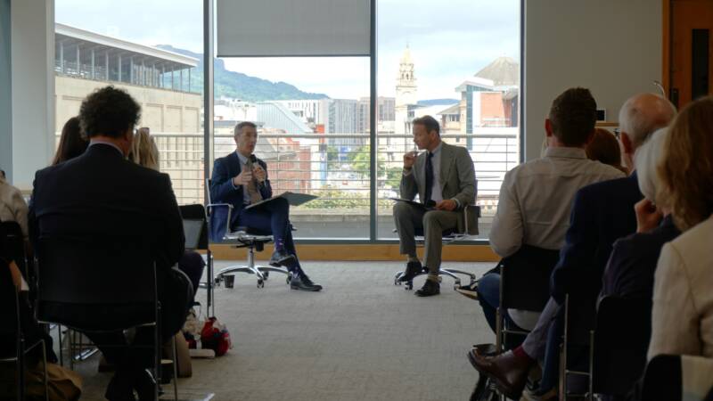 Andrew Muir and Simon Chambers speaking to the group at Law Society House.